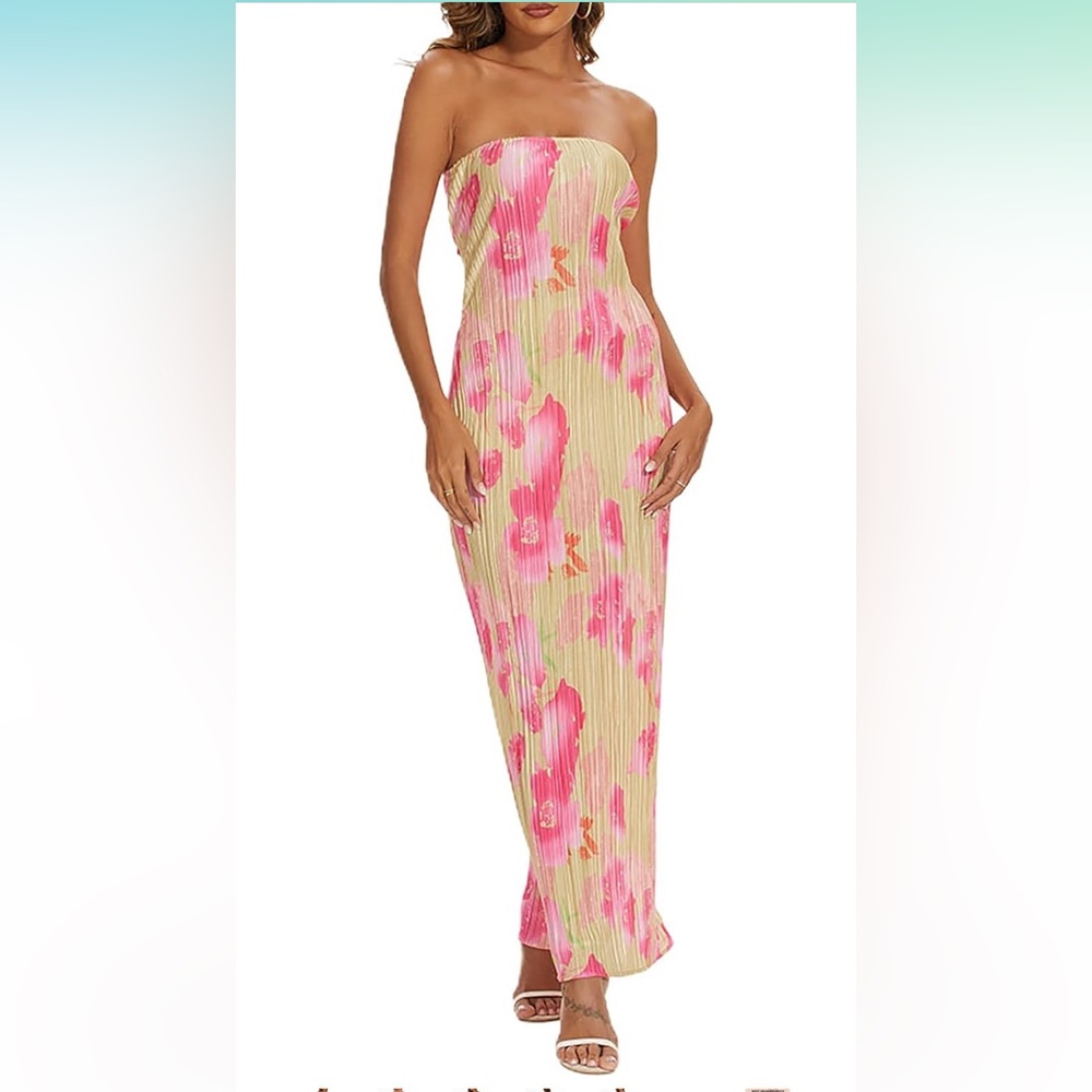 Womens Strapless Pleated Maxi Tube Dress Slim Fit Backless